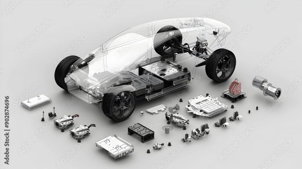 Poster transparent electric vehicle with exploded view of all components