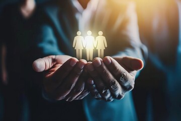 Protecting Our Future: A pair of hands cupped gently, holding a glowing icon of three human figures, symbolizing the power of connection, collaboration, and support in a world that needs it more than 