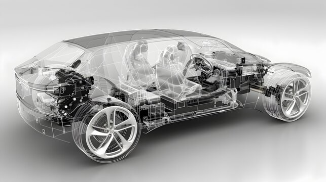 Transparent Electric Vehicle with Exploded Parts Diagram for Mechanical Insight
