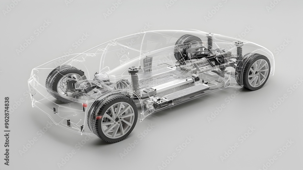 Poster transparent 3d exploded model of electric vehicle with highlighted parts