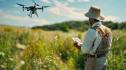Scientist with drone, aerial data collection,