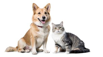 Friendship between dog and cat isolated on transparent background, pet friendship, PNG format