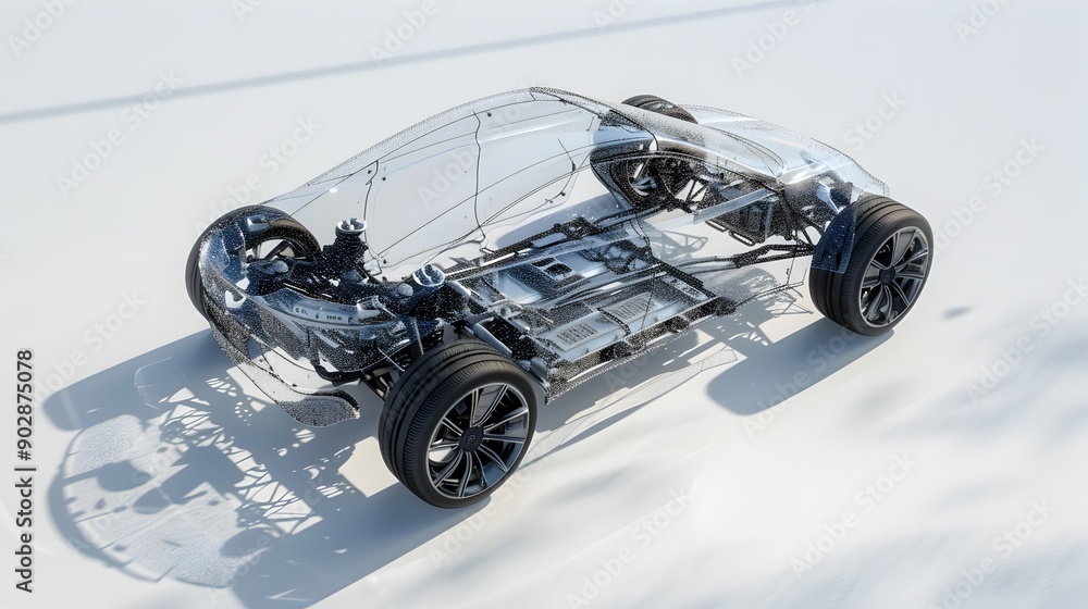 Poster transparent electric vehicle 3d exploded view showcasing assembly and component layout