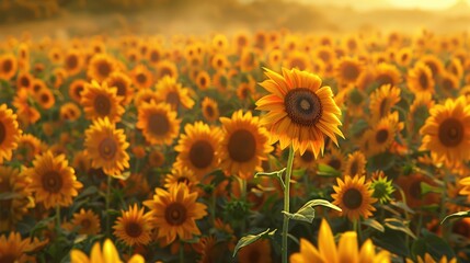 Fototapeta premium Bright and cheerful sunflowers filling a vast field, with one flower standing out in sharp detail.