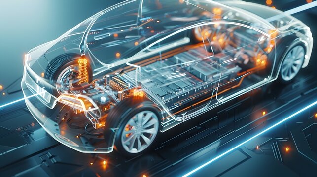 Transparent Exploded View of an Electric Vehicle Showcasing Battery Pack and Electronics