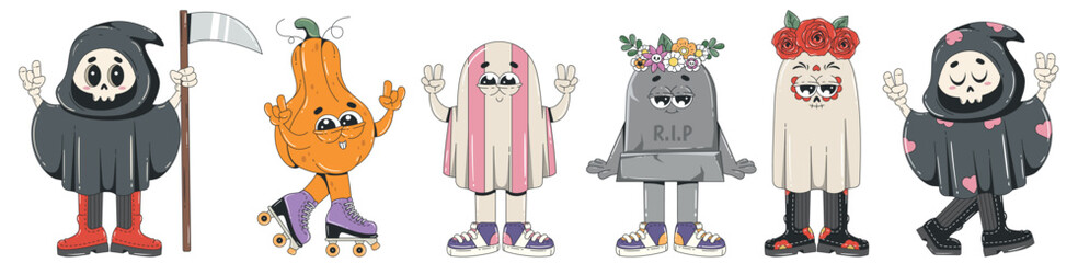 Retro cartoon characters in groovy style. Halloween mascots. Pumpkin, ghost, death, gravestone. Vector illustration 60s, 70s.