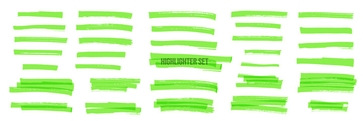 Green highlight marker stripes isolated on white background. Transparent marker pen lines hand drawn set. Vector graphic stylish design elements.