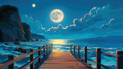 Obraz premium Serene night view from a wooden dock overlooking moonlit ocean waves and cliffs under a starry sky