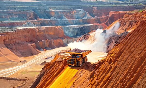 Large mining truck in an open-pit mine with terraced layers of earth, showing industrial mining operations and heavy machinery