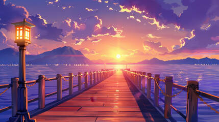 Obraz premium Serene sunset view from a wooden pier, illuminated lanterns, mountains in the background, and vibrant sky reflections on water