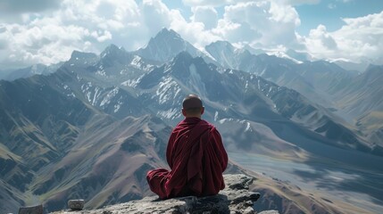 Fototapeta premium A monk in a red robe stands on a mountain top, looking out over a valley. Concept of peace and serenity, as the monk appears to be in deep thought or contemplation
