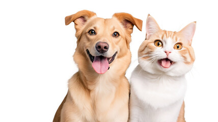 Friendship between dog and cat isolated on transparent background, pet friendship, PNG format