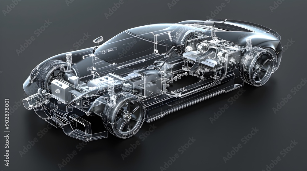 Poster detailed transparent ev model showcasing internal components in exploded view