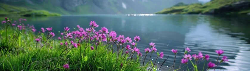 Obraz premium A beautiful purple flower is in the foreground of a river. The flower is surrounded by grass and rocks. The scene is peaceful and serene, with the river flowing calmly