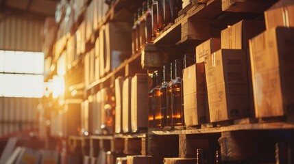 Tobacco and alcohol items stored in cardboard crates in warehouse during sunset Seizure of unlawful shipment Space for text beside office supplies