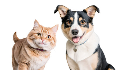 Friendship between dog and cat isolated on transparent background, pet friendship, PNG format