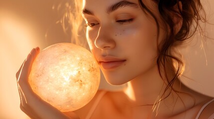 Naklejka premium Serene and Radiant Female Face with Ethereal Lighting and Soft,Glowing Skin