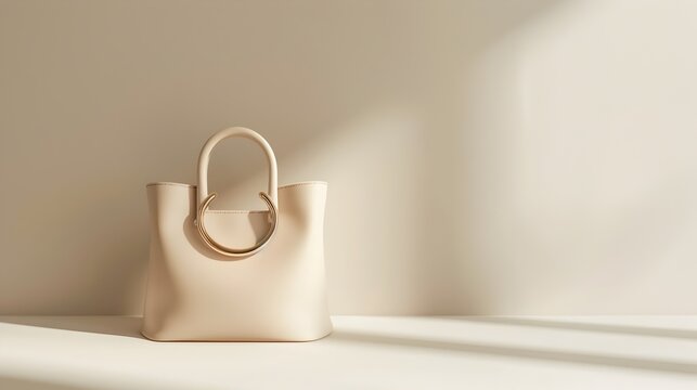 Fashionable Beige Leather Handbag on Minimalist Studio Backdrop