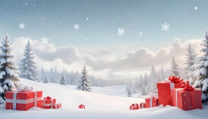 Snowy winter landscape with pine trees covered in snow, gift boxes in the foreground, and a cloudy sky with falling snowflakes