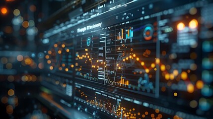 A close up shot of a digital display showing various charts, graphs, and numbers that likely represent stock market data. The screen is lit up by colorful lights.
