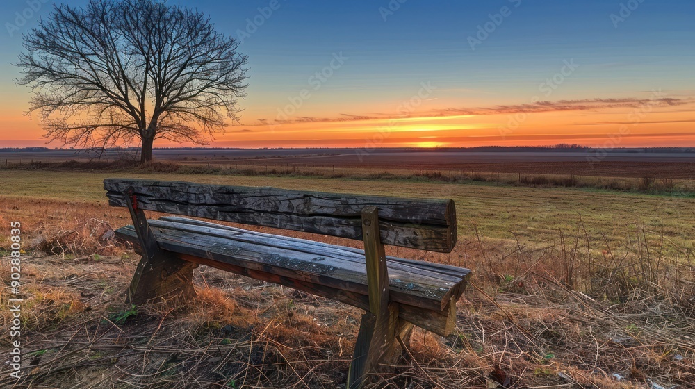 Poster a bench is sitting in a field with a tree in the background