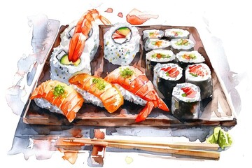 Hand-drawn Sushi Rolls. Traditional Japanese Seafood Meal in Watercolor Style