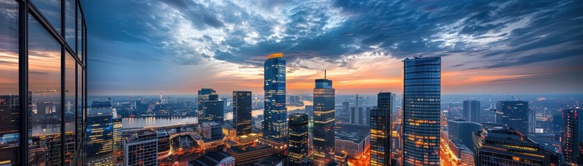 A city skyline with a tall building in the middle. The sky is orange and the city is lit up at night