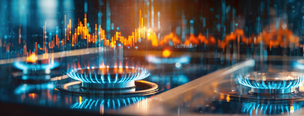 Gas burners turned on with digital financial data overlay, symbolizing energy trading. Growing graph on the stock exchange.