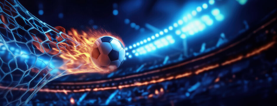 A soccer ball on fire hitting the back of the net in a stadium, symbolizing an intense and dramatic goal.