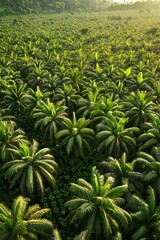 Fototapeta premium Aerial view of a vast palm plantation, lush green foliage, bright daylight, wideangle lens