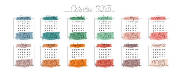 2025 calendar with hand drawing month and year sign in frame. Vector illustration isolated on white background for design template print materials, daily planner. Editable stroke one single line.