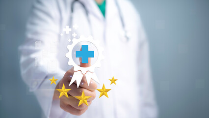 Concept of rating of medical services on the Internet concept.Button healthcare key rating on...