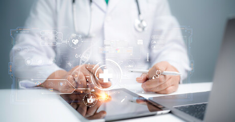 Medical worker touch virtual medical revolution and advance of technology Artificial Intelligence,AI Deep Learning for medical research,Transformation of innovation and technology for future Health.