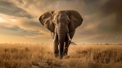 Naklejka premium Elephant Walking Through Savanna Grassland at Sunset.