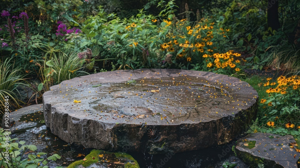 Poster a large stone with a round shape and a stone bench