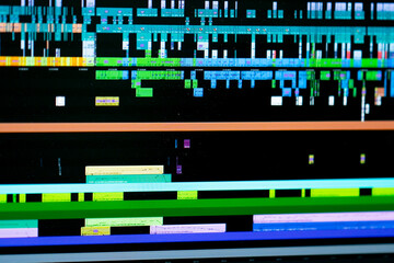 Close-up of the computer monitor screen editing software is turned on, dashboard of editing history professional program for cinema and advertising
