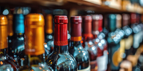 A collection of assorted wine bottles displayed on a store shelf, focusing on variety and vibrant colors of the labels.