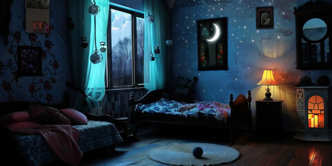 Sandman's Sanctuary: A tranquil scene of a darkened bedroom, with a night light casting a soft glow on a child's peaceful face