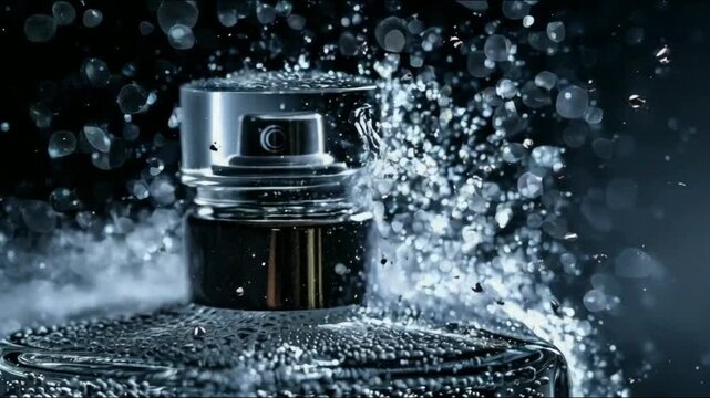 Perfume Bottle with Water Drops and Bokeh. A close-up of a perfume bottle with a silver cap and water droplets spraying around it. The background is a blurred bokeh of lights. Animation Ai