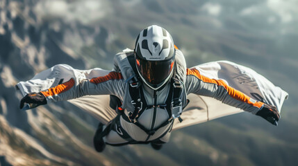 An extreme sports enthusiast in a wingsuit gliding over rugged mountain terrain, showcasing adventure and thrill.