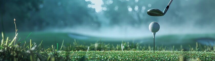 Golf club poised to hit a ball on a tee, misty golf course background, closeup shot, dramatic lighting, focused and poised