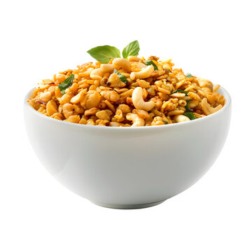 Tempting bowl of chanachur, a beloved bangladeshi snack mix, showcased against a clear backdrop