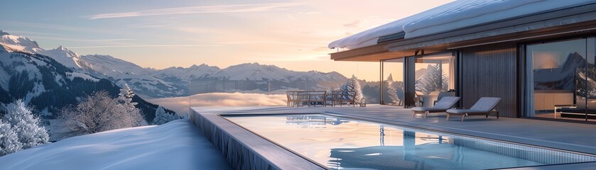 Luxury cabin with outdoor pool, snowcovered mountains, winter sunset, panoramic view