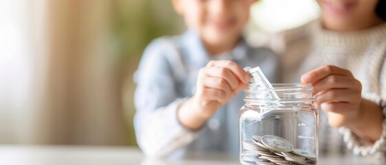 Family putting money into a savings jar together, collective saving, family finance
