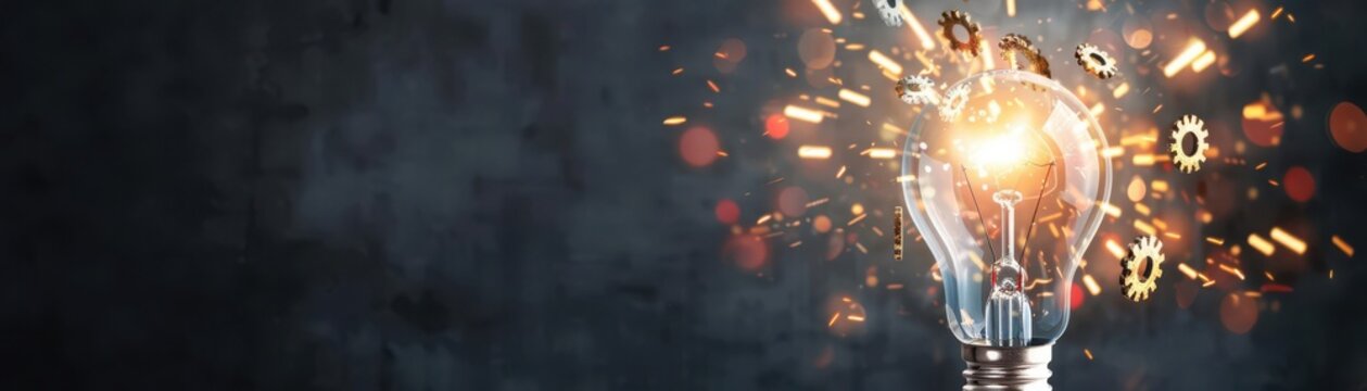 Exploding light bulb with gears flying out, sudden inspiration, breakthrough concept