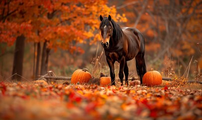 Horses in an autumn meadow, surrounded by colorful leaves and pumpkins