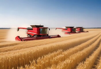 Obraz premium Two Modern Harvesters Working in a Golden Wheat Field at Sunset