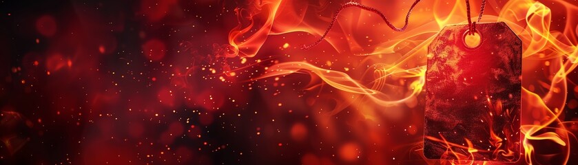 Red hot sale tag engulfed in flames, dark background, intense lighting, closeup shot, bold and eyecatching