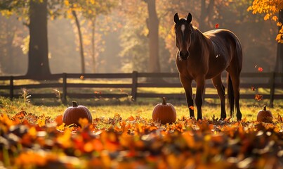 Horses in an autumn meadow, surrounded by colorful leaves and pumpkins