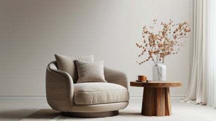 Isolated view of a comfortable armchair and coffee table on a plain white backdrop